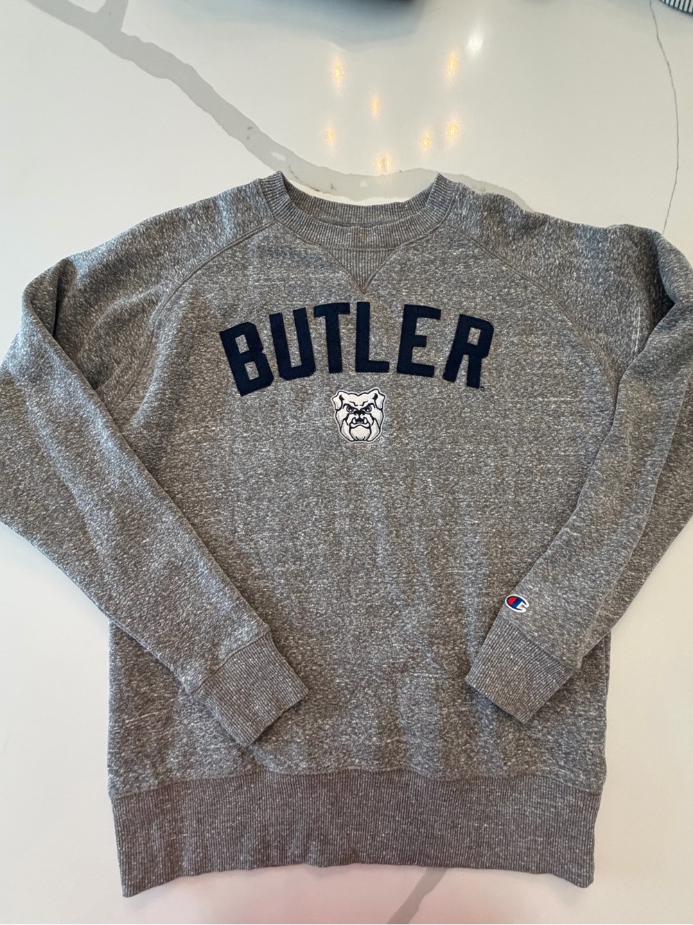 Champion Gray Crewneck Sweatshirt with Navy 'BUTLER' Text